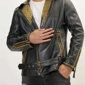 Black And Gold Biker Leather With Pyramid Studs Jacket