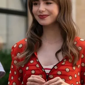Lily Collins Emily In Paris S3 Red Dotted Cropped Jacket