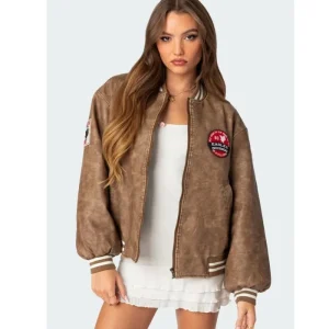 Michelle D Edikted Brown Distressed PU Leather Bomber Jacket