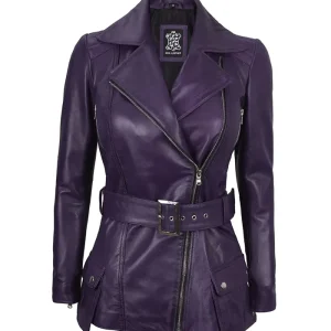 Totten Womens Asymmetrical Purple Belted Leather Jacket