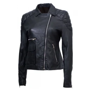 Women’s Black Quilted Shoulder Sheepskin Leather Jacket